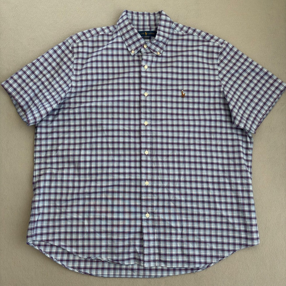 Polo Ralph Lauren Mens XXL Classic Fit Plaid Short Sleeve Button Down Shirt Blue
